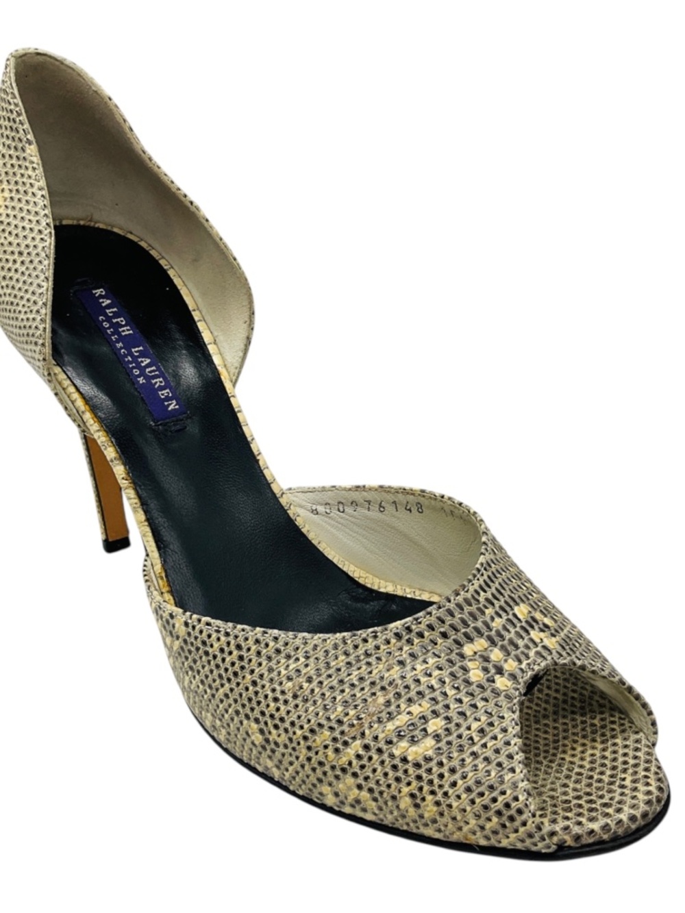 RALPH LAUREN COLLECTION IVORY / BLACK EMBOSSED LEATHER PEEP TOE PUMPS